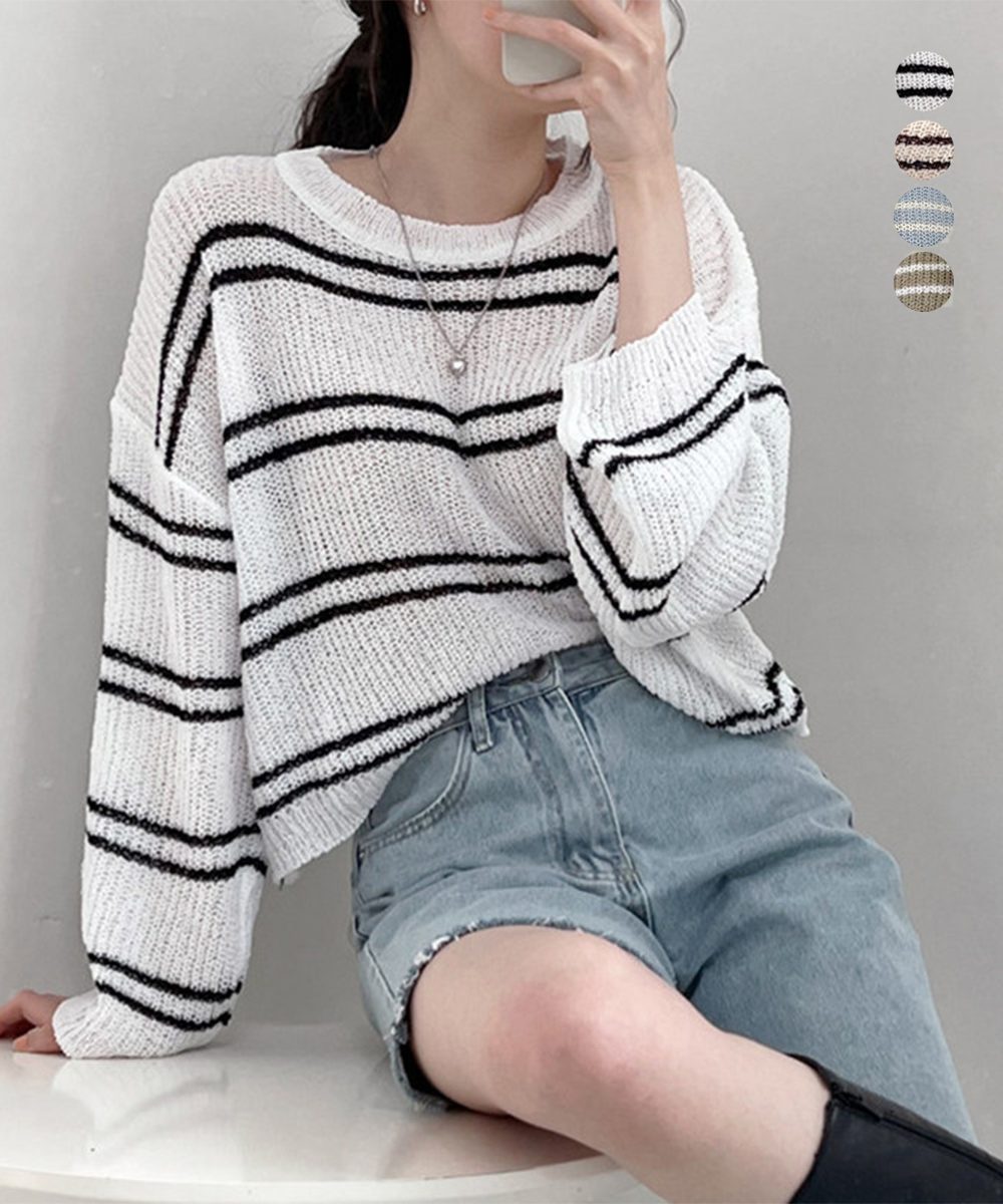 透かし編み ニットトップス ボーダー夏服