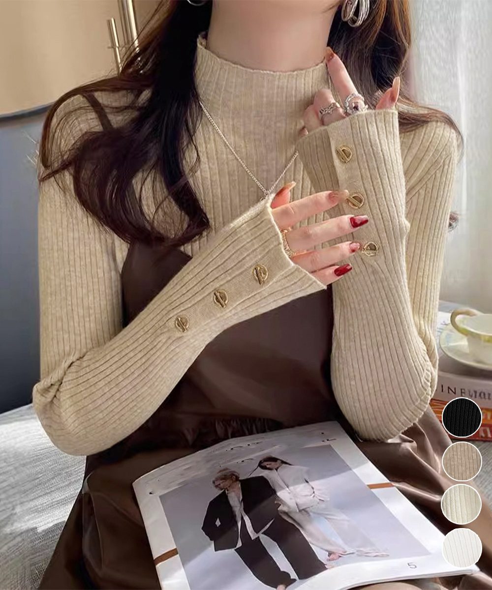 モックネック ニットトップス 長袖秋冬服