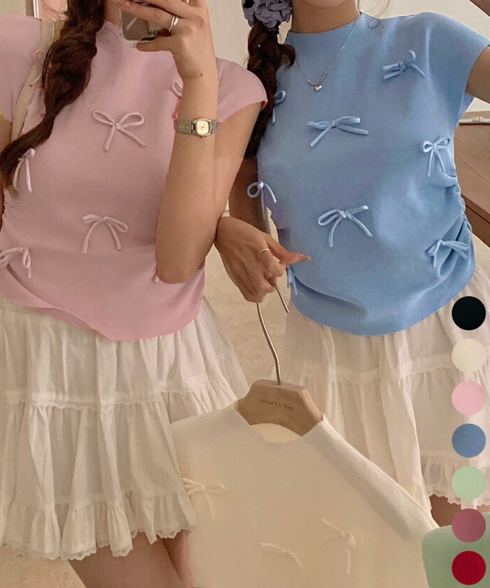 リボン付きリブニット プチハイネック夏服