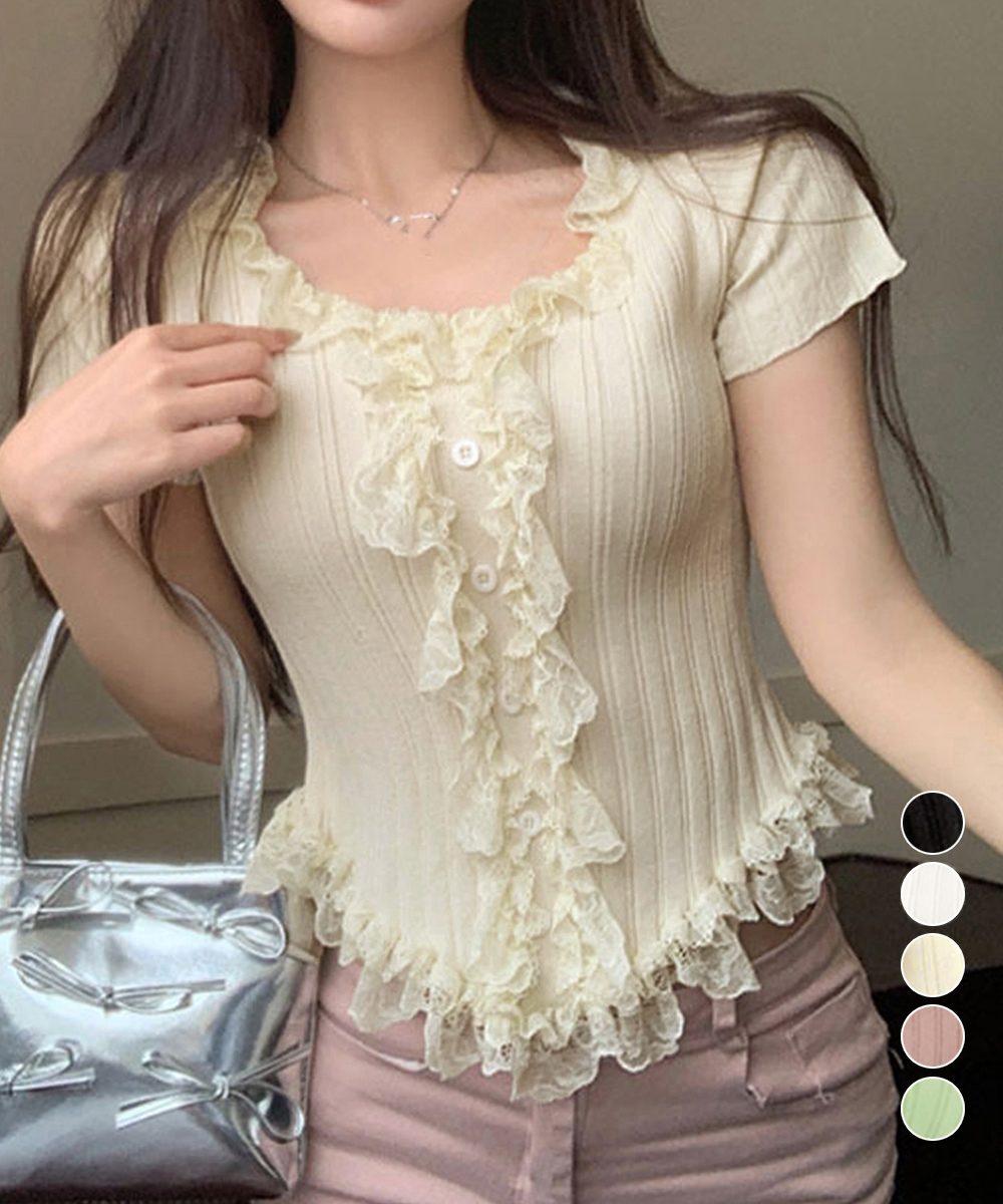 レースフリルニットトップスショート丈夏服