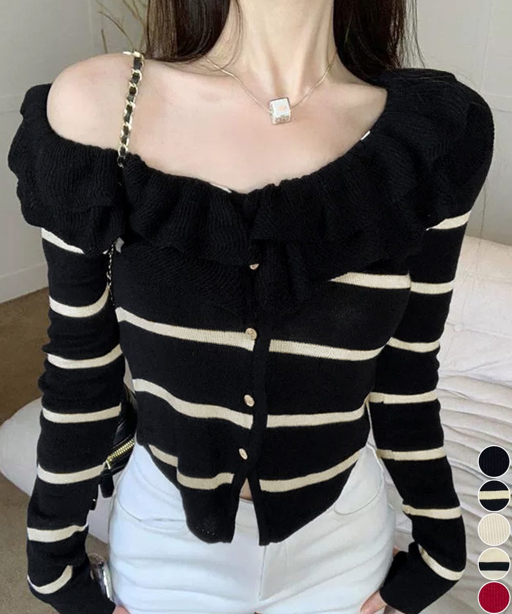 フリルニットトップス オフショルダー秋服