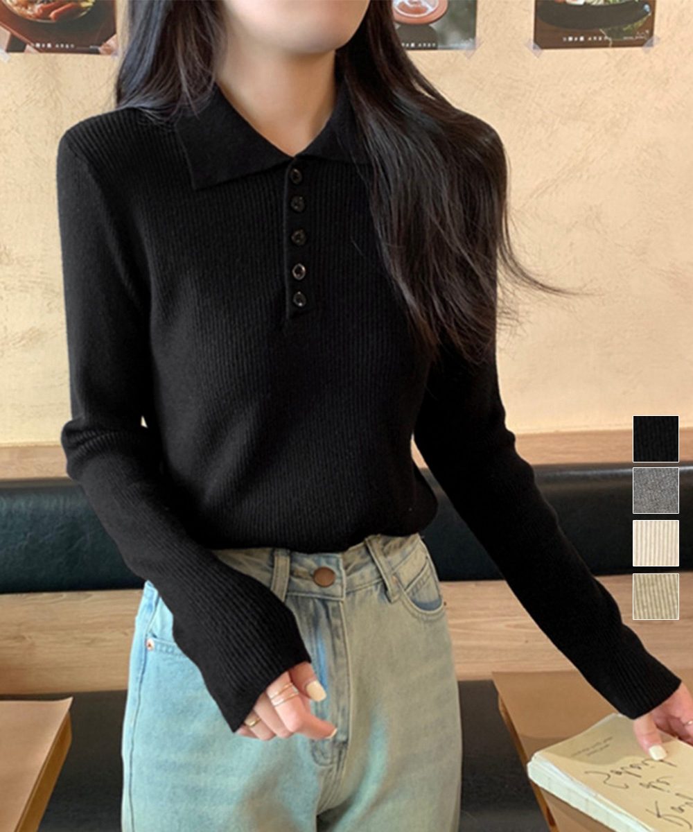 ポロリブニットトップス ベーシック春秋服