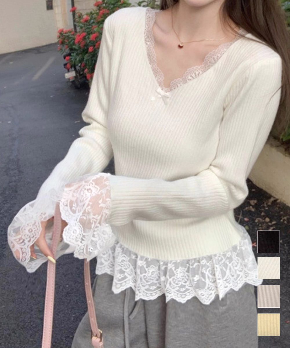 ニットトップス レース切替え Vネック服