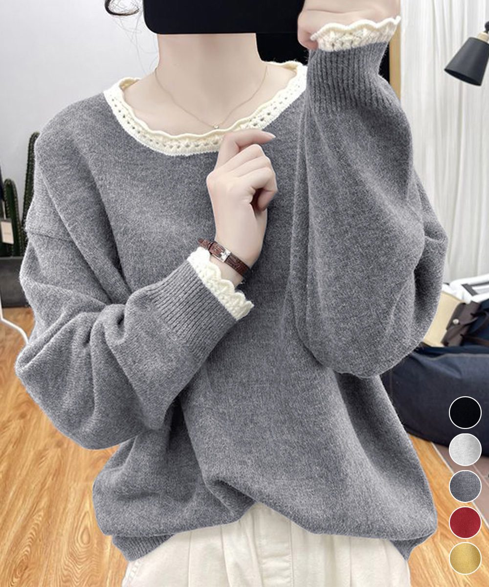 配色ニットプルオーバーラウンドネック秋服