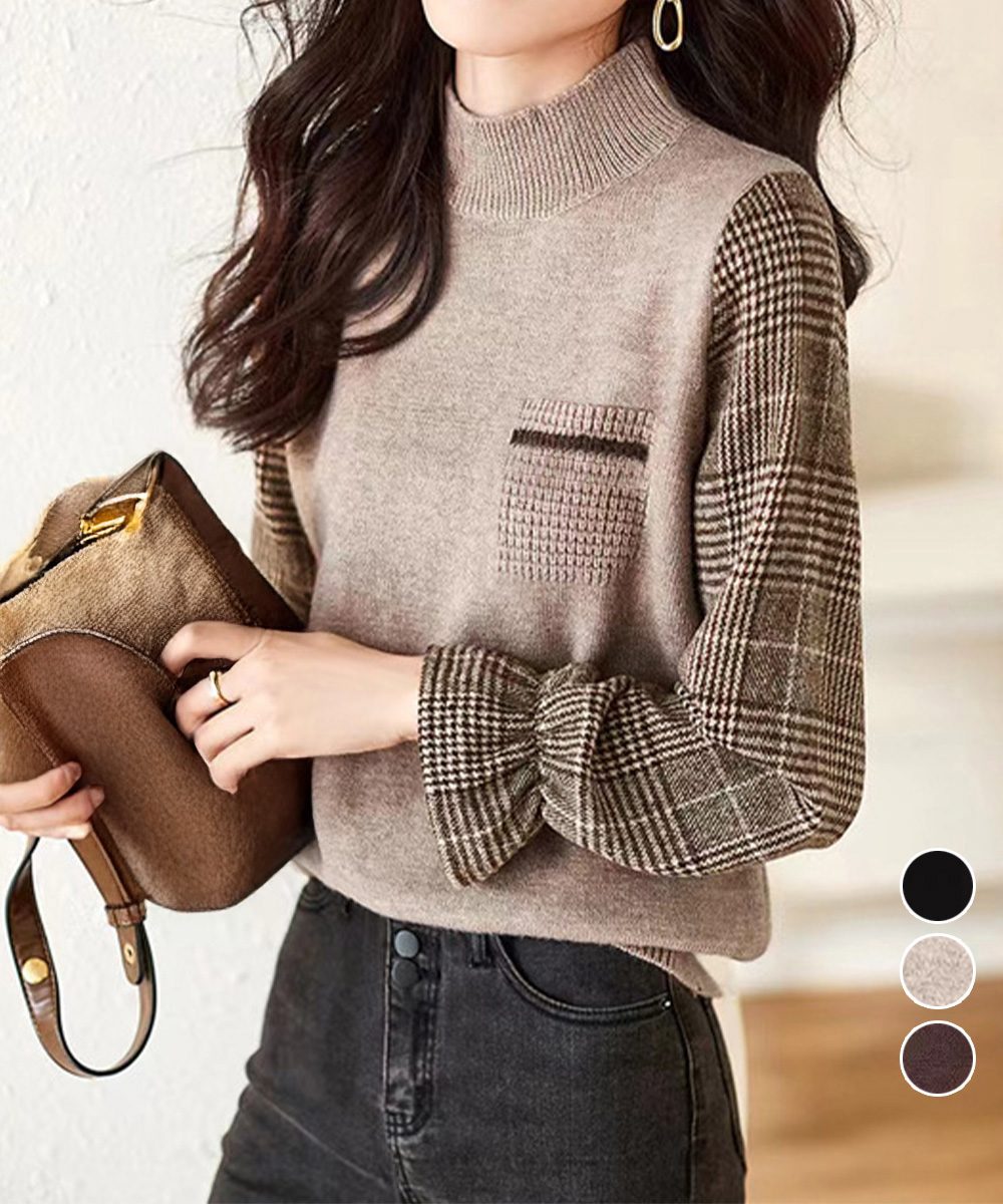 チェック柄ドッキングニットレディース秋服
