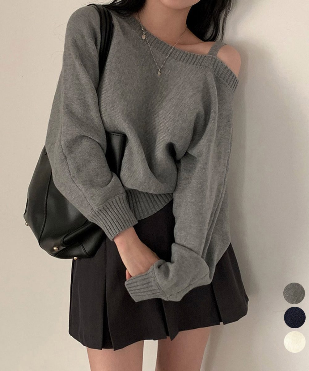 オフショルダーニットトップス肩見せ秋冬服