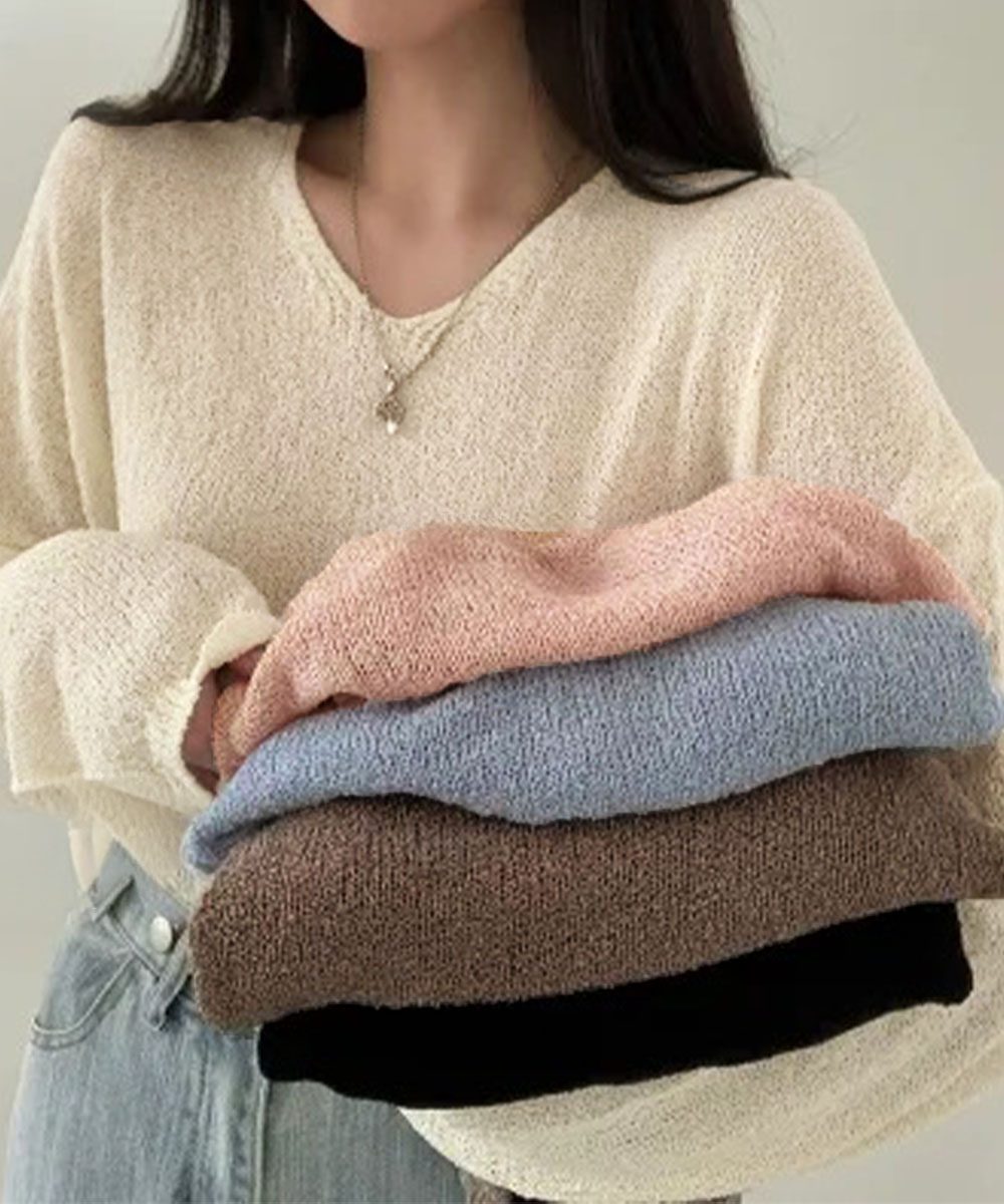透け感ニットトップス Vネック 長袖春服