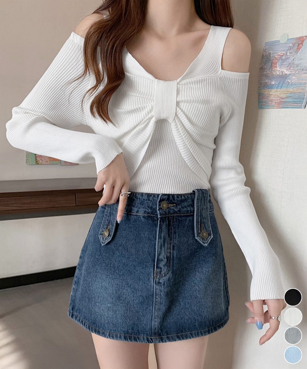 フロントリボンリブニットトップス大人薄手