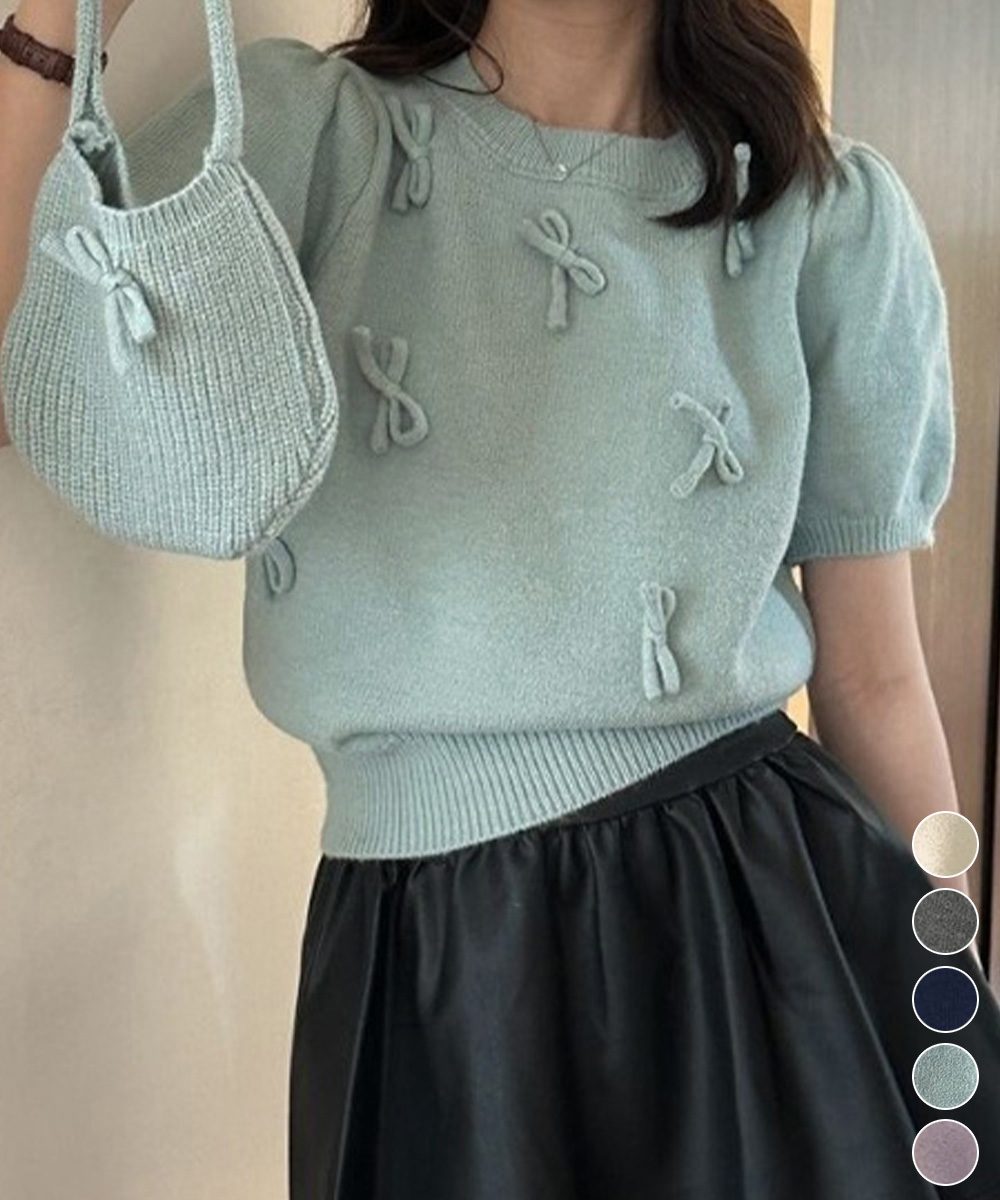 リボン付きニットトップスクルーネック夏服
