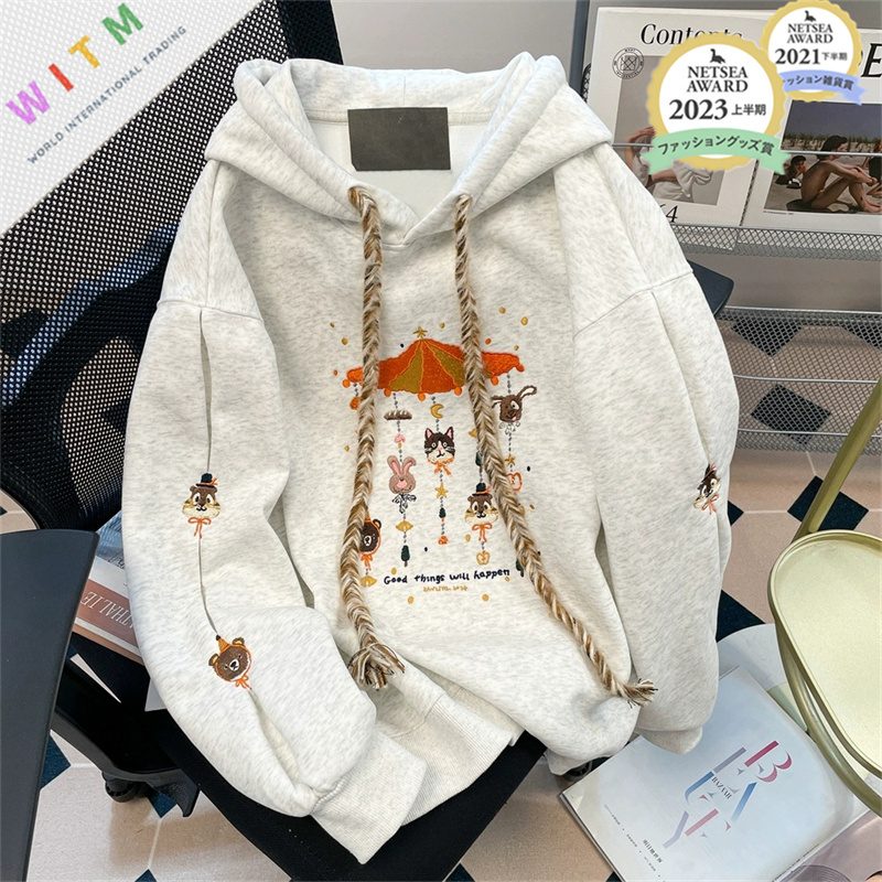 新作 パーカー 長袖 裏起毛 刺繍 かわいい 体型カバー 着回しが利く レディース