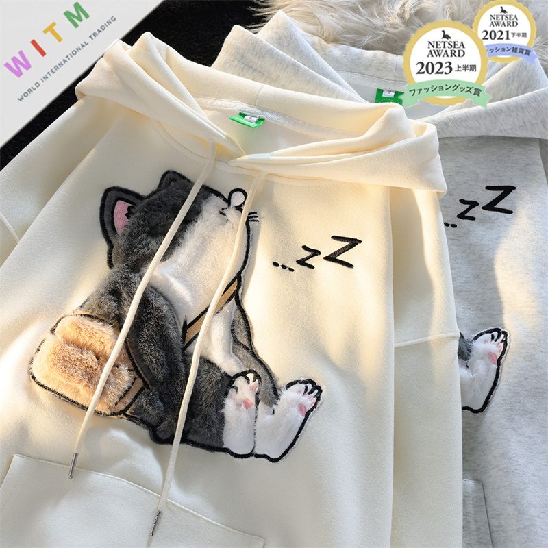 新作 パーカー 長袖 猫柄 刺繍 かわいい 体型カバー 着回しが利く レディース