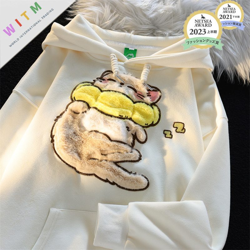 新作 パーカー 長袖 猫柄 刺繍 かわいい 体型カバー 着回しが利く レディース