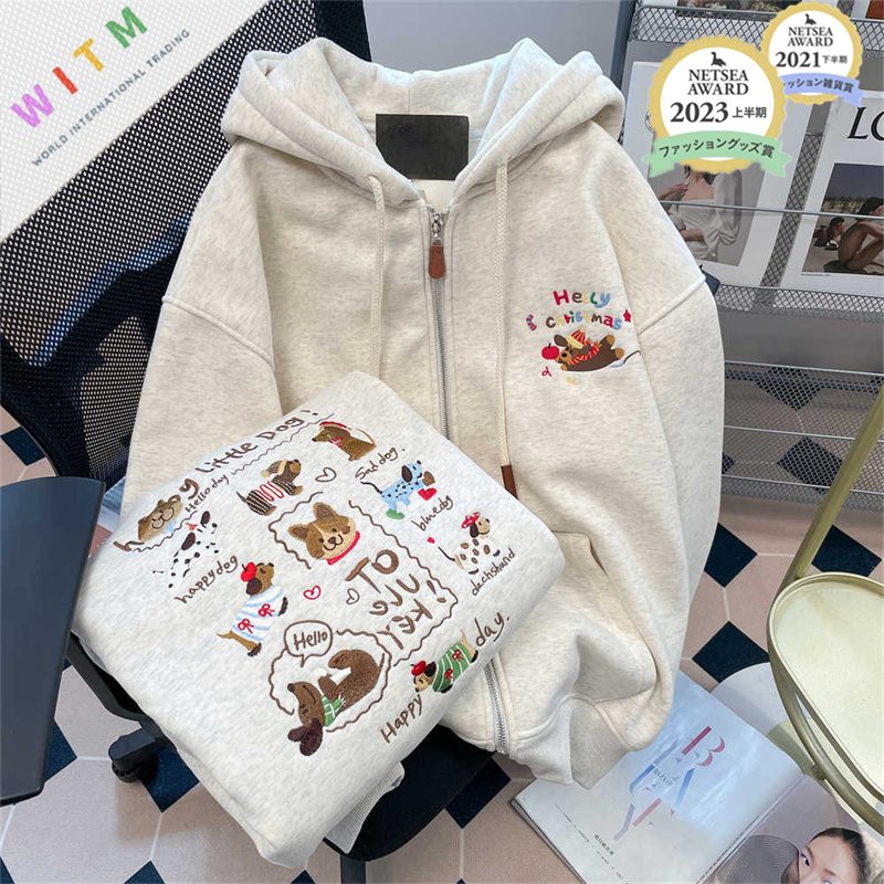 新作 パーカー 犬柄 長袖 裏起毛 刺繍 かわいい 体型カバー 着回しが利く レディース