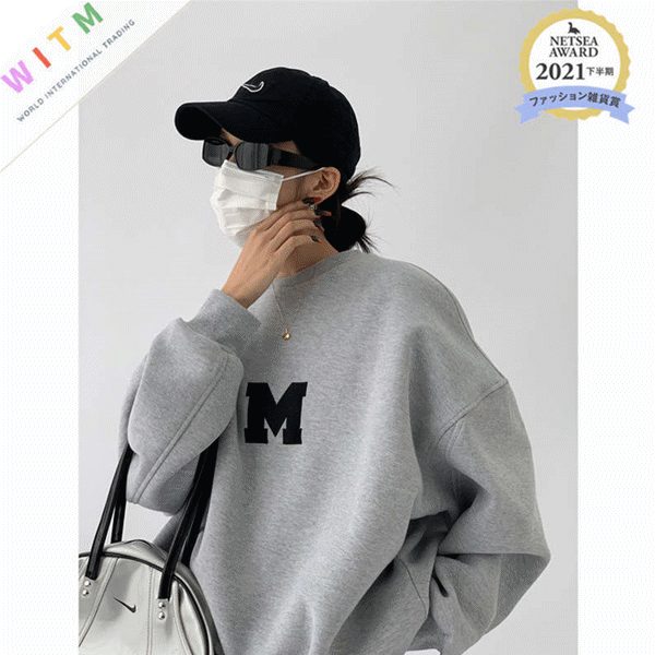 M字 刺繍 トレーナー トップス 長袖 ラウンドネック 着回し 体型カバー 厚手 レディース