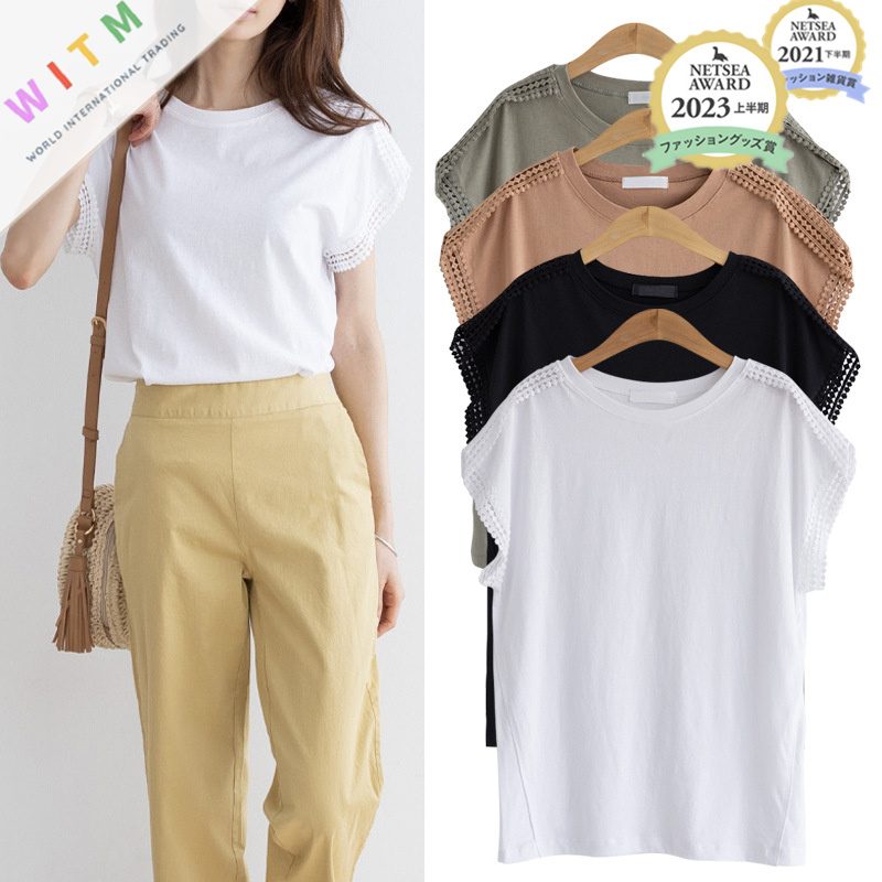 春夏新作 半袖Tシャツ ラウンドネック トップス レースバットスリーブ 体型カバー レディース
