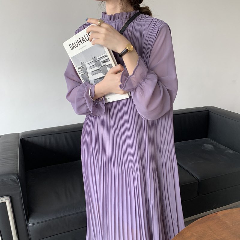 新作 ワンピース ロングワンピ マキシワンピ プリーツワンピ シフォン 着痩せ 長袖 体型カバー