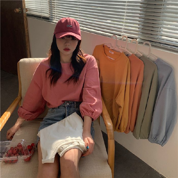 秋新作 Tシャツ プルオーバー パフスリーブ レディーストップス 無地 カジュアル