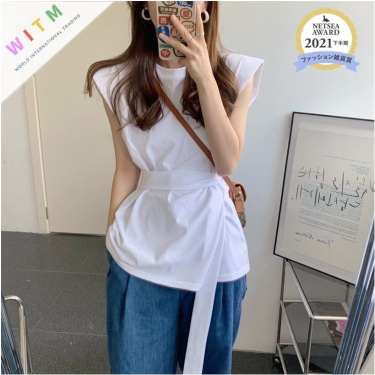 春夏新作 ノースリーブ Tシャツ トップス tシャツ レディース ベルト付き 着回し