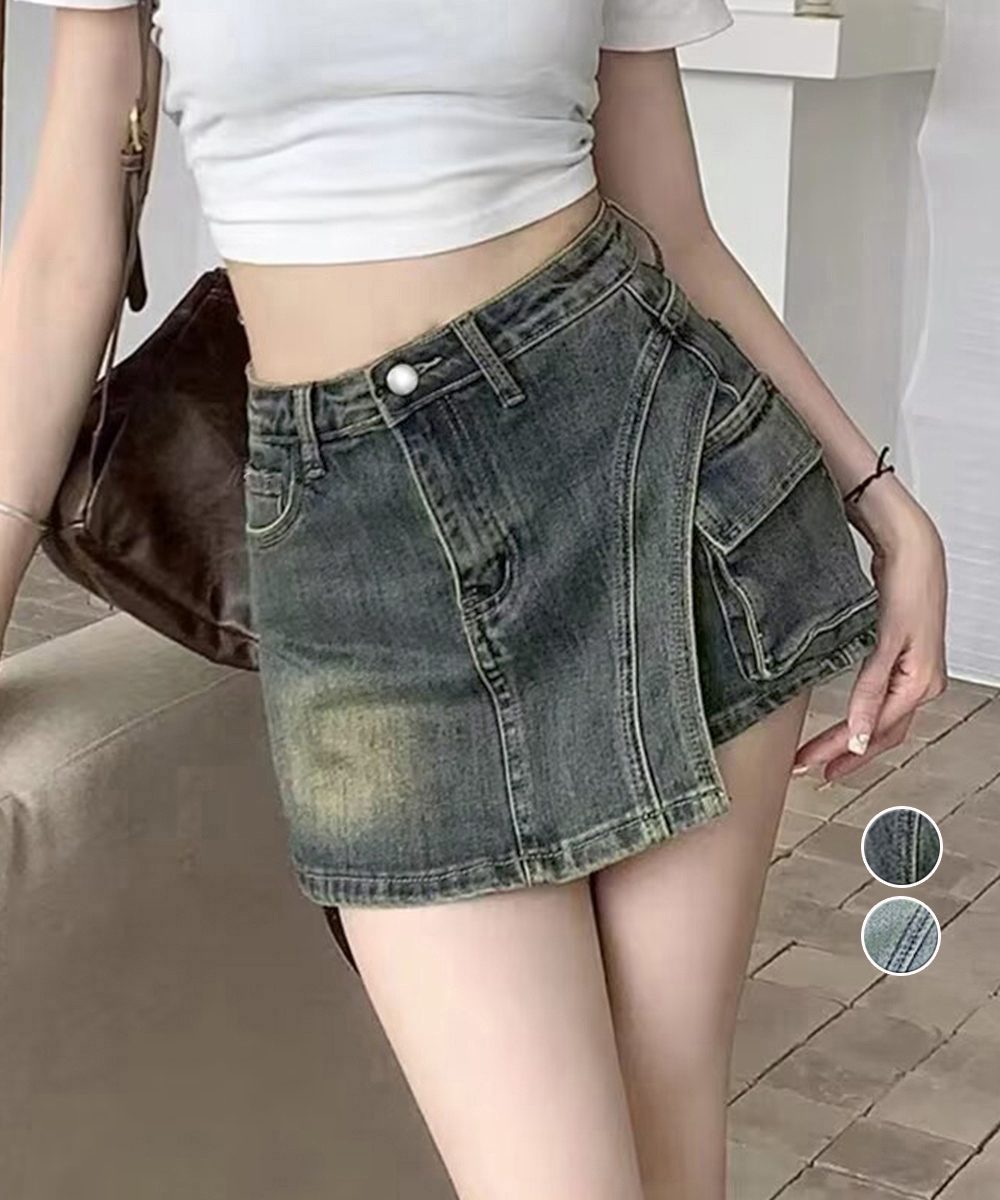 ラップスカート風デニムショートパンツ春夏