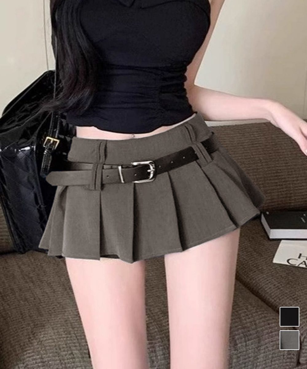 超ミニスカートベルト付きプリーツスカート