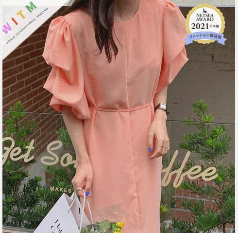 春夏新作 パフスリーブ ワンピース ロングワンピース 韓国風 レディース 体型カバー スリット