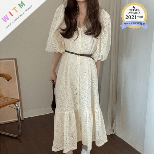 春夏新作 レース 透かし彫り ワンピース Vネックワンピース ロングワンピ 体型カバー レディース