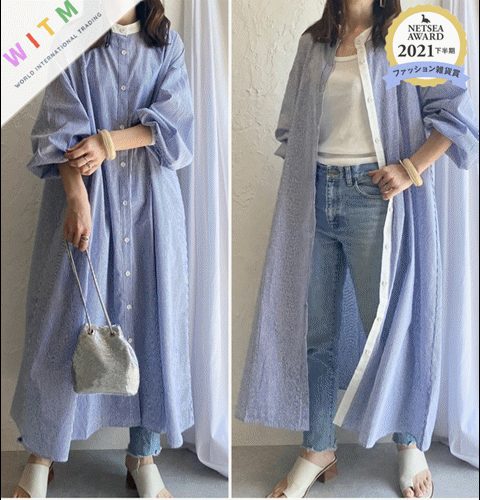 春夏新作 1枚で2役 シャツワンピース ロングシャツ パフスリーブ 体型カバー レディース カジュアル