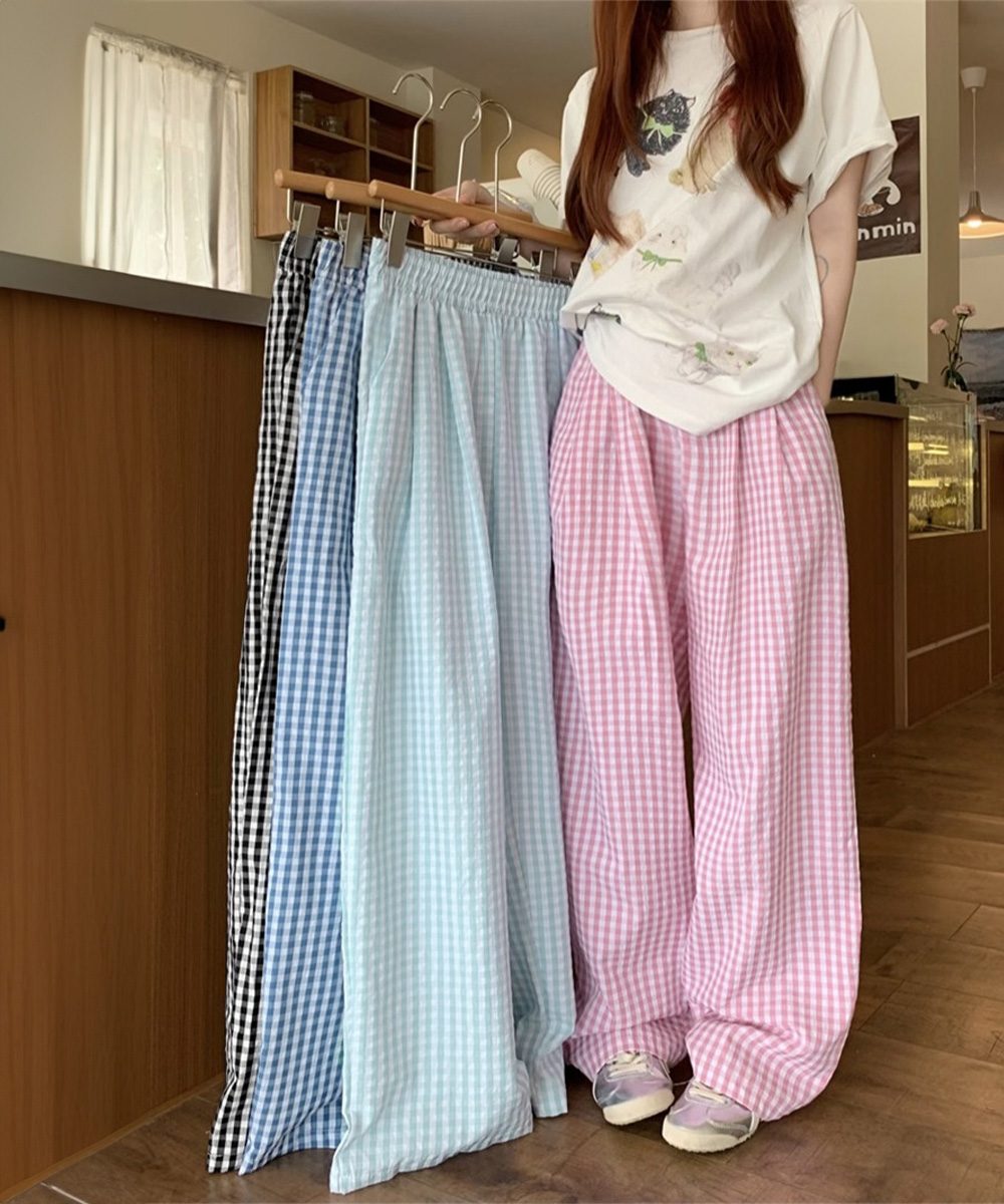 チェック柄ワイドパンツ ハイウエスト薄手