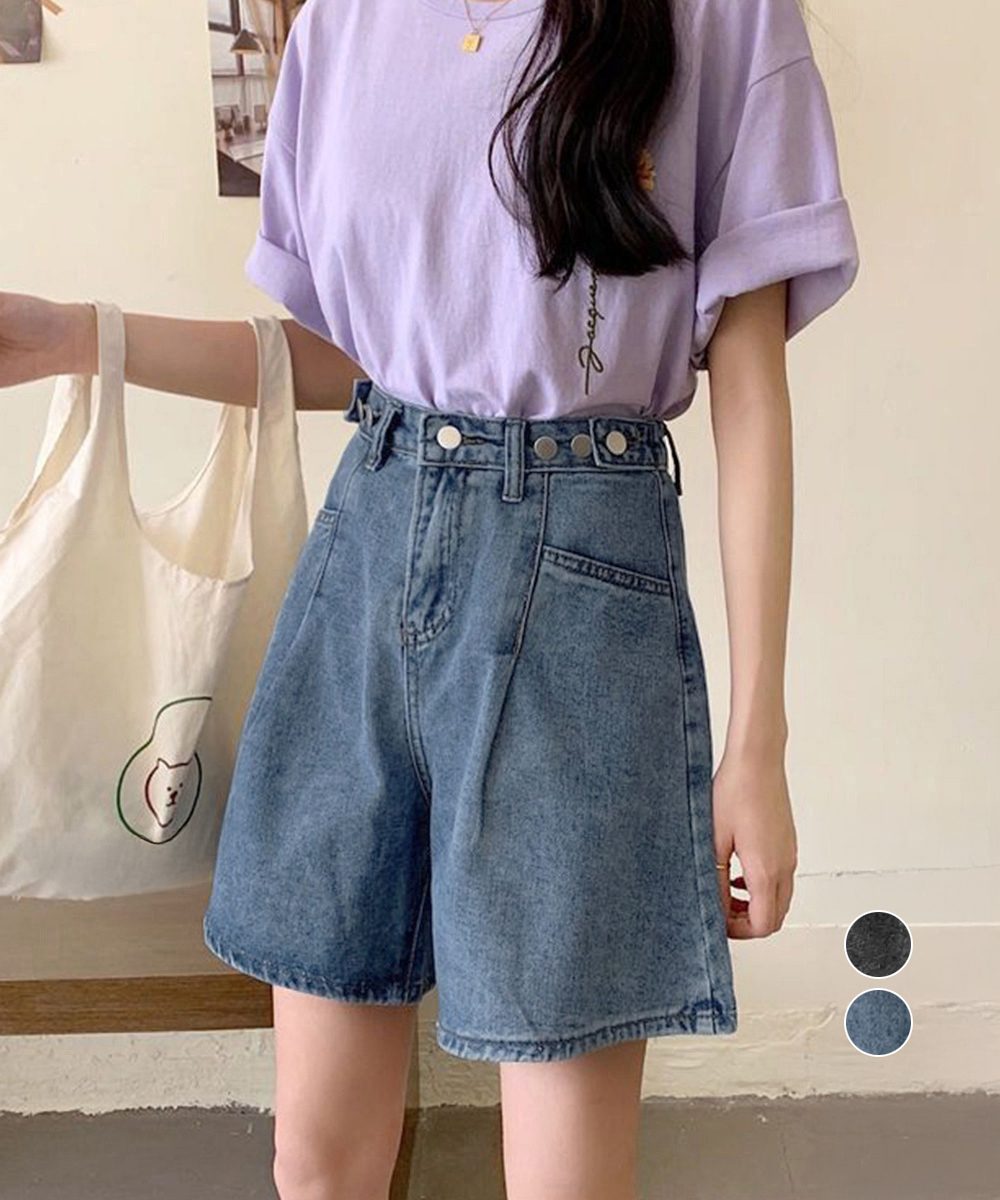 ウエスト調節可能デニムショートパンツ美脚
