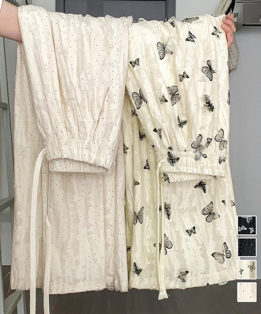 蝶柄ワイドパンツ ダメージロングパンツ夏