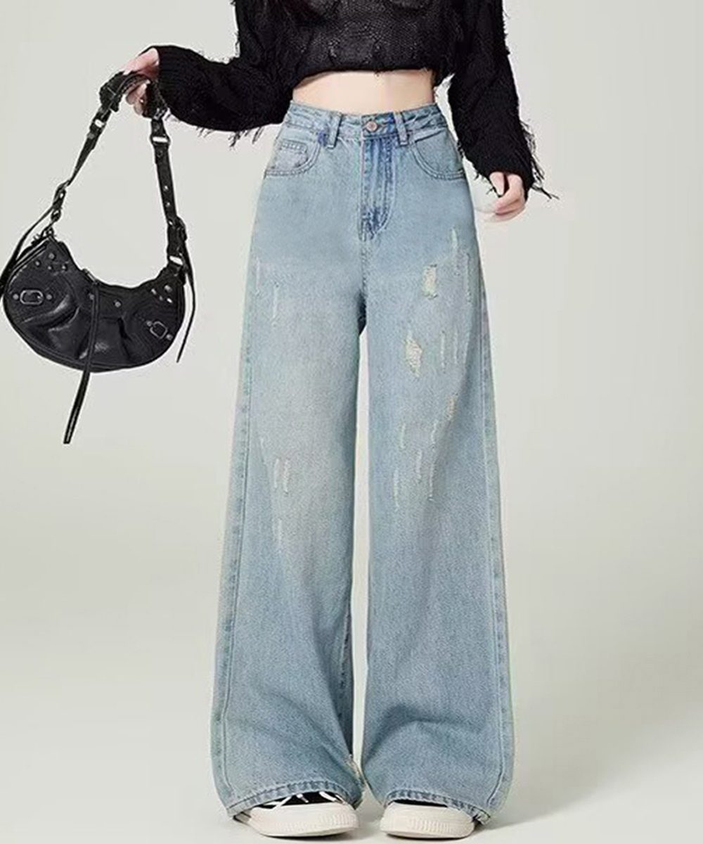 ダメージデニムパンツ ワイドレッグデニム