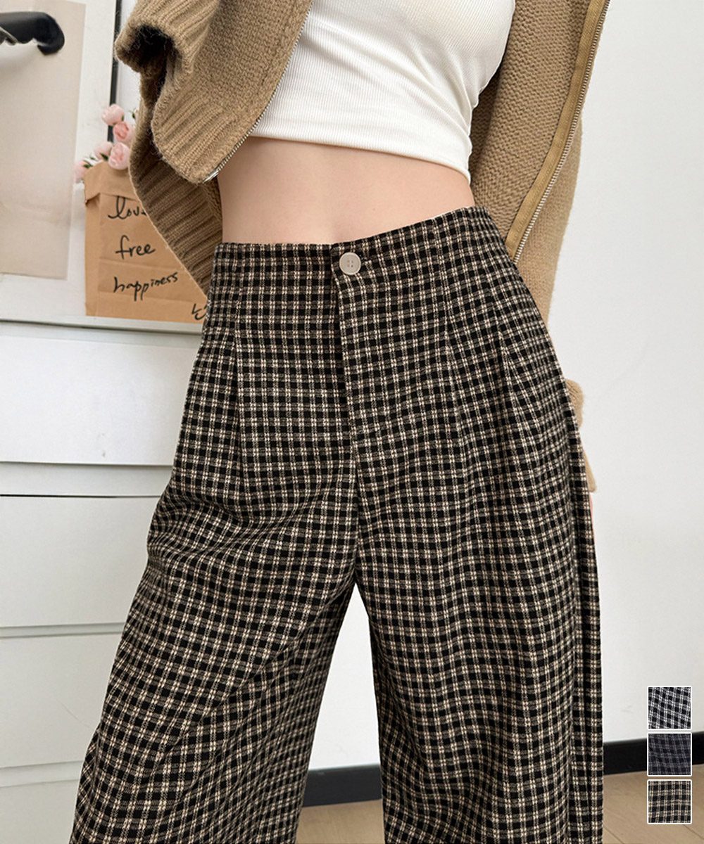 チェック柄ワイドパンツハイウエスト 秋冬