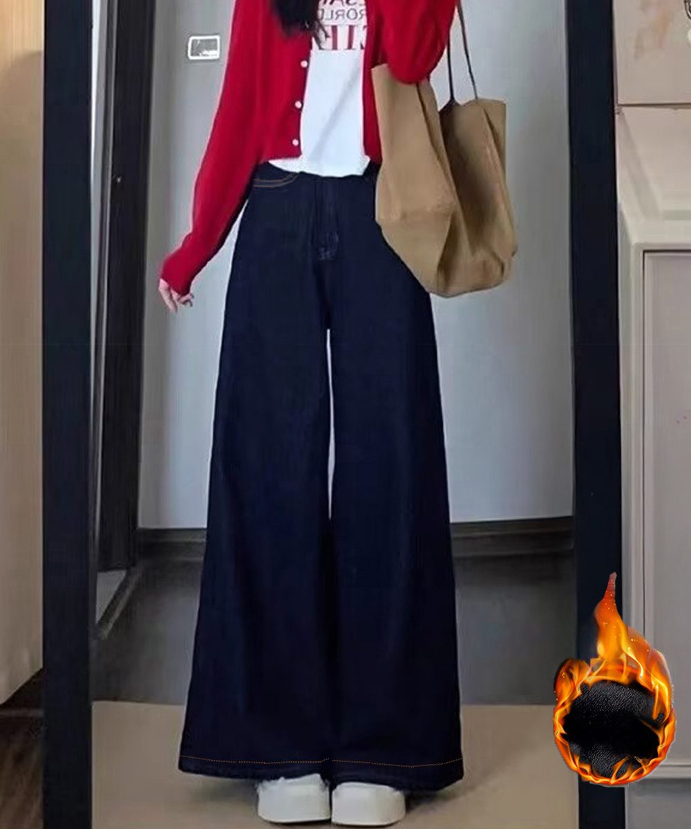 ワイドデニムパンツ 裏起毛 レディース冬
