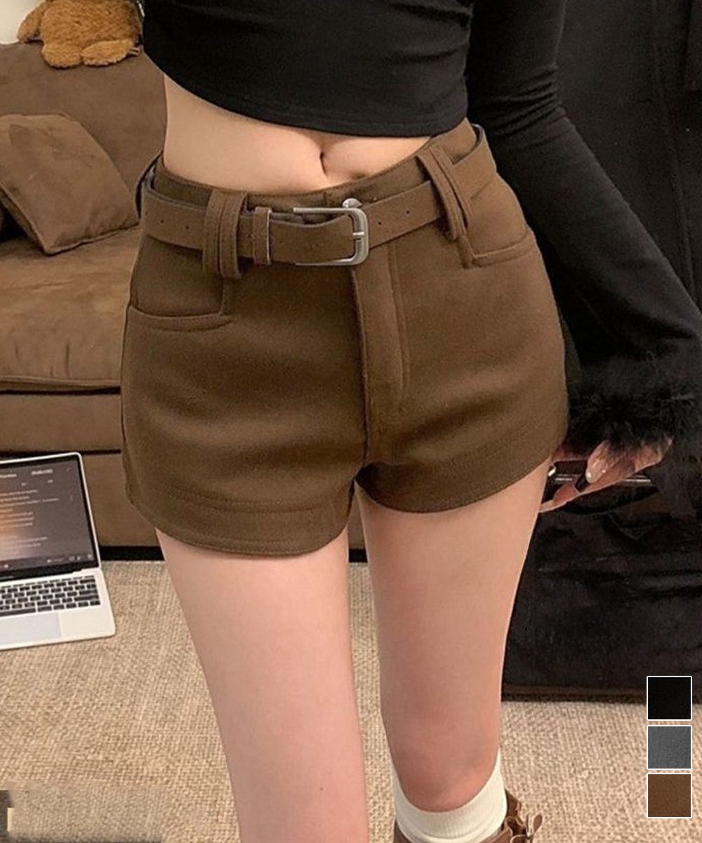 ウール風ショートパンツハイウエスト短パン
