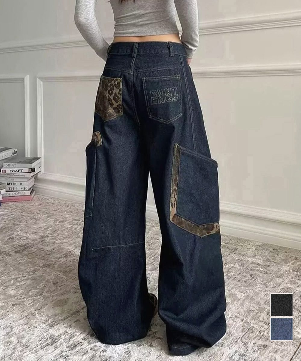 デニムカーブパンツ レオパード柄ポケット