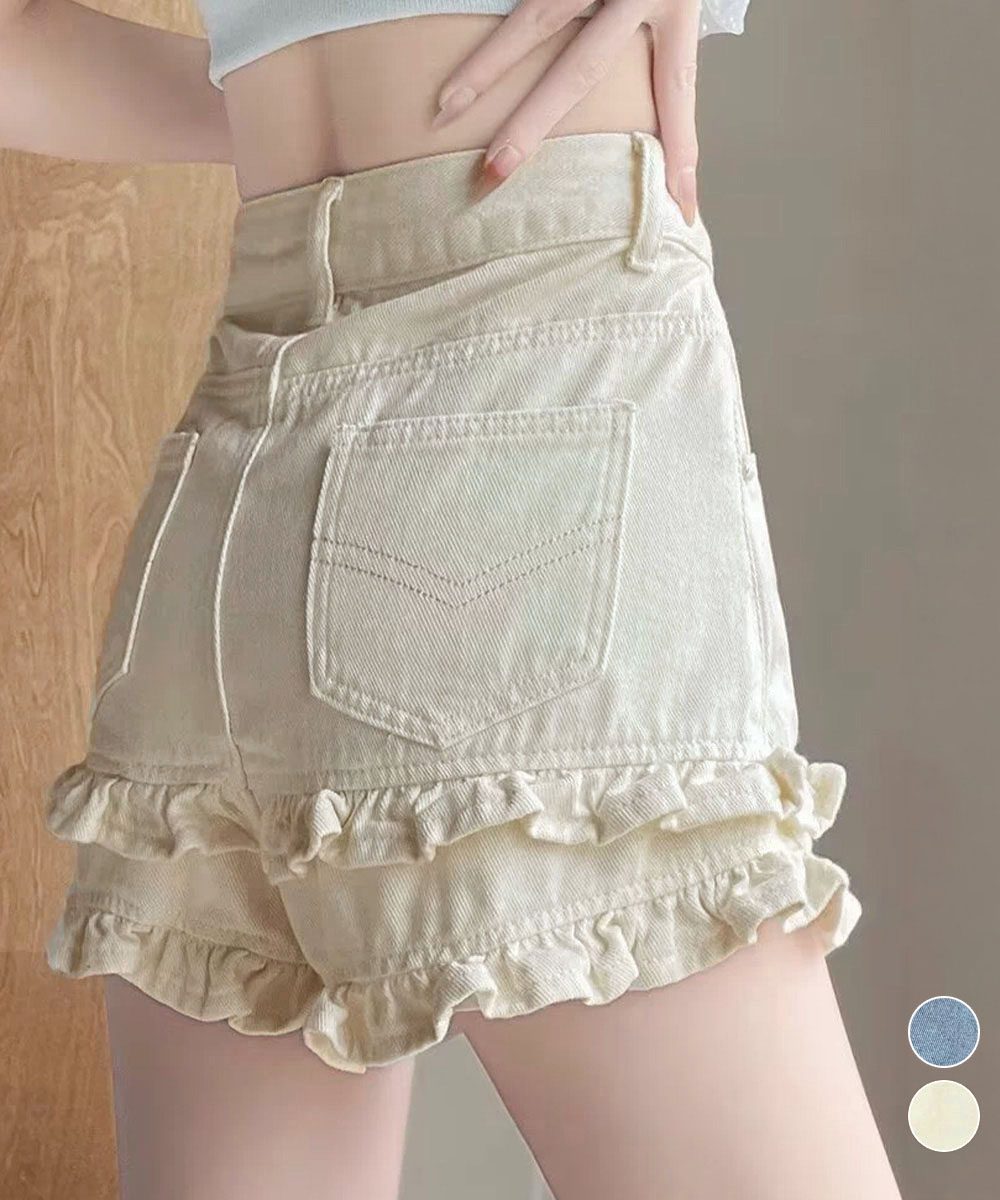 フリルショートパンツデニム ハイウエスト