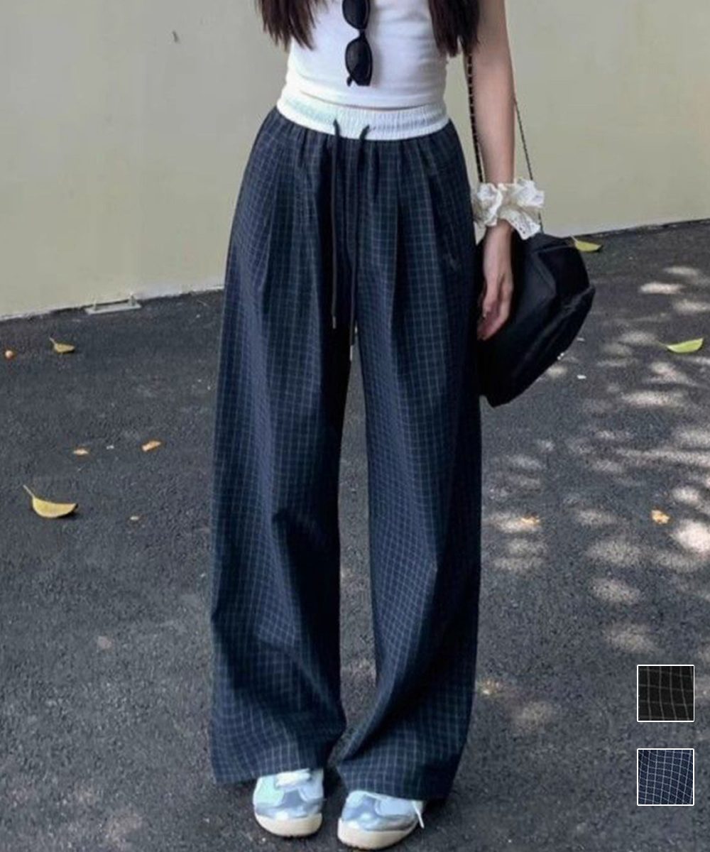 チェック柄ワイドパンツハイウエスト春夏服