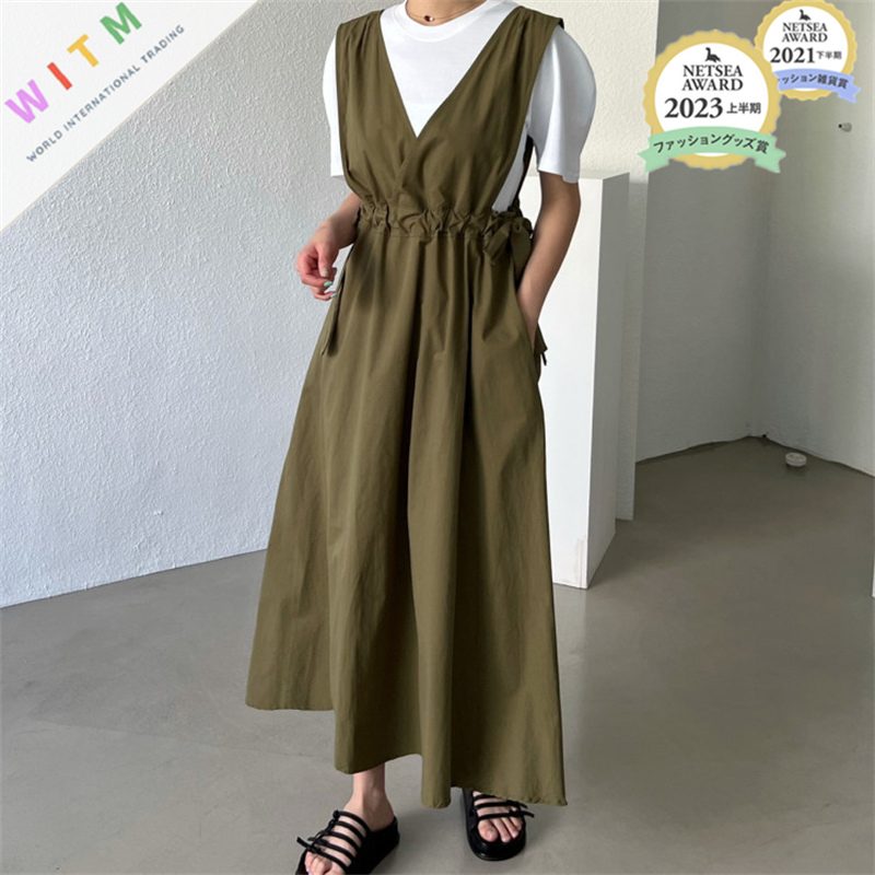 夏新作 ワンピース ノースリーブ 体型カバー Vネック 連体服 レディース 大人可愛い
