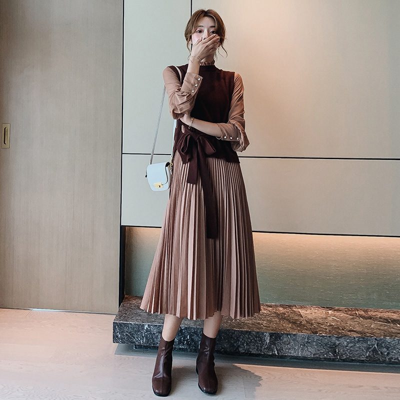 シフォンワンピース ロング丈ワンピース ２way着 レディース 長袖 2点セット Aライン 春新作