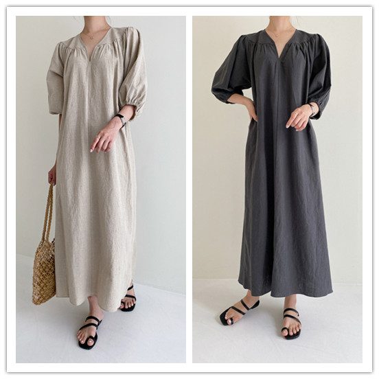 人気新作 ワンピース Vネックワンピース ロングワンピ パフスリーブ レディース 体型カバー ゆったりサイズ