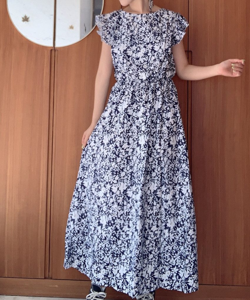 新作 ワンピース ロングワンピース マキシワンピース 袖フリル 花柄 着痩せ きれいめ