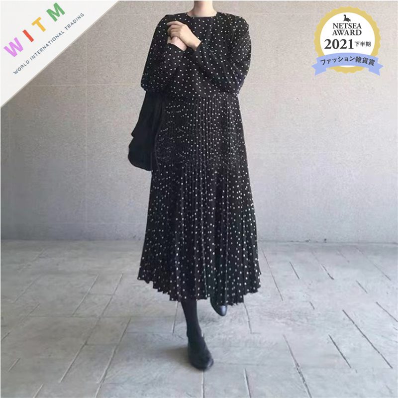 春新作 水玉柄 ワンピース ロング丈ワンピ プリーツ レディース 体型カバー 着回し