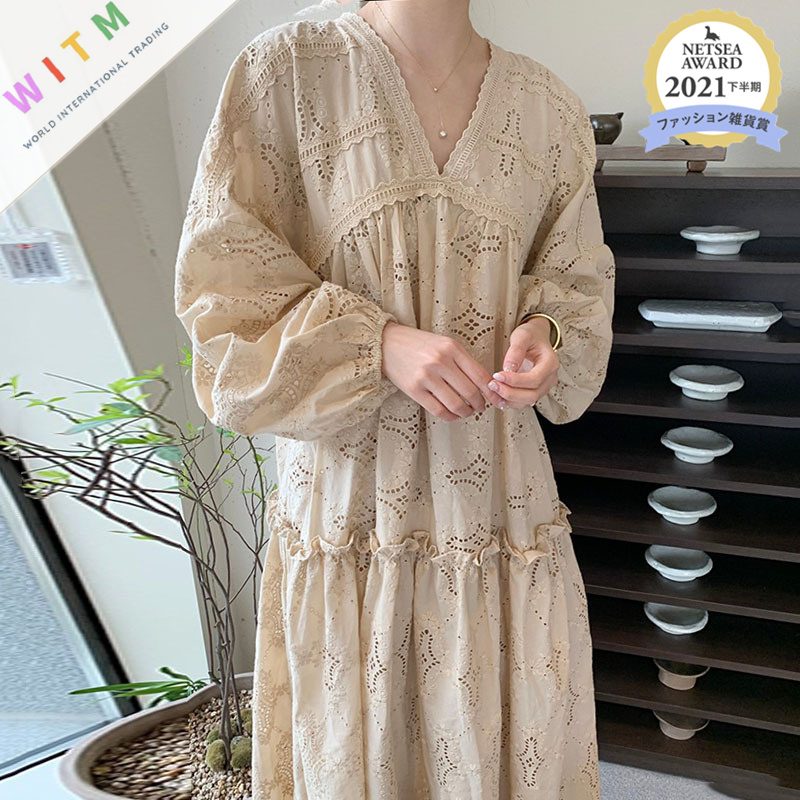 春夏新作 韓国風 レースワンピース ロング丈ワンピース パフスリーブ レディース 体型カバー