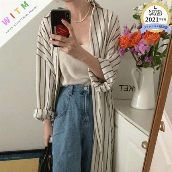 ストラップ柄 ロングシャツ ワンピース 長袖 体型カバー 大人気 レディース