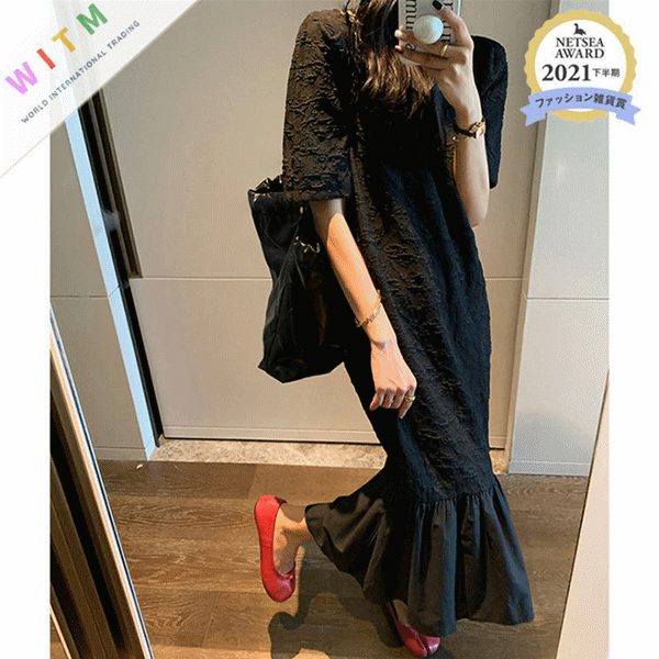 ロングワンピース 半袖 ラウンドネック 体型カバー 上品 レディース