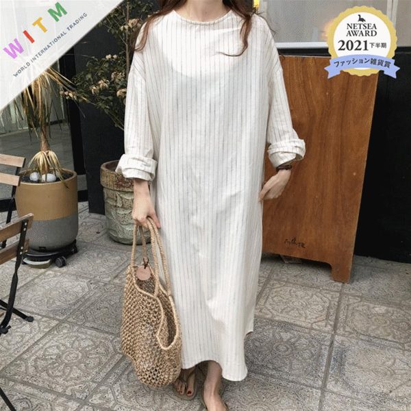 ロングワンピース 長袖 ラウンドネック 体型カバー 上品 レディース