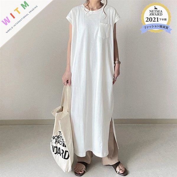 ロングワンピース ノースリーブ ラウンドネック 体型カバー 上品 レディース