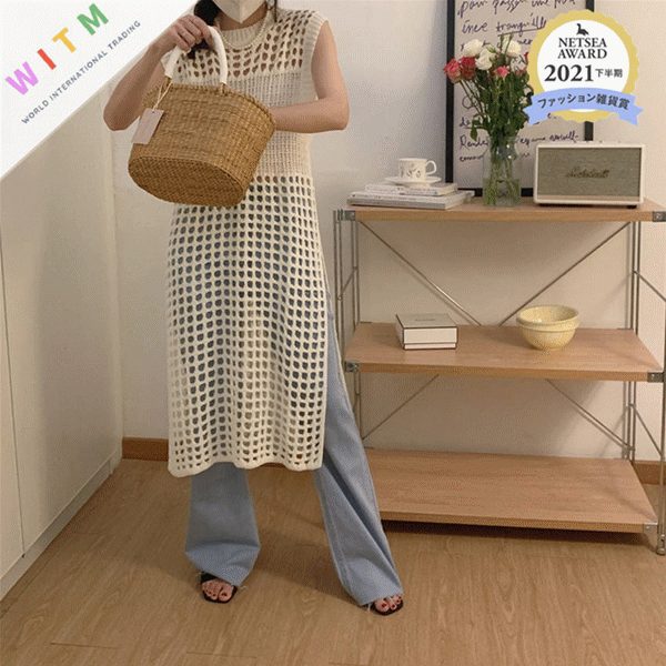 透かし ロングワンピース ノースリーブ ラウンドネック 体型カバー 上品 レディース