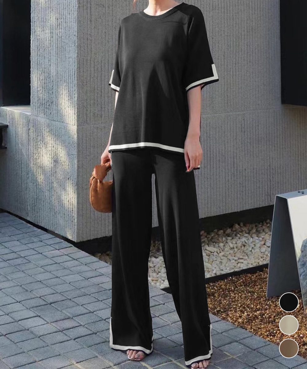 セットアップ 配色スリットニットとパンツ