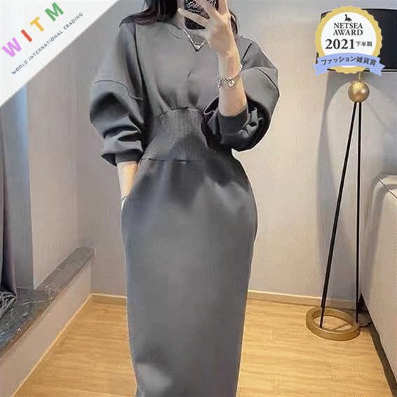 ニットワンピース ラウンドネック 厚手 おしゃれ 体型カバー エレガント ロング レディース